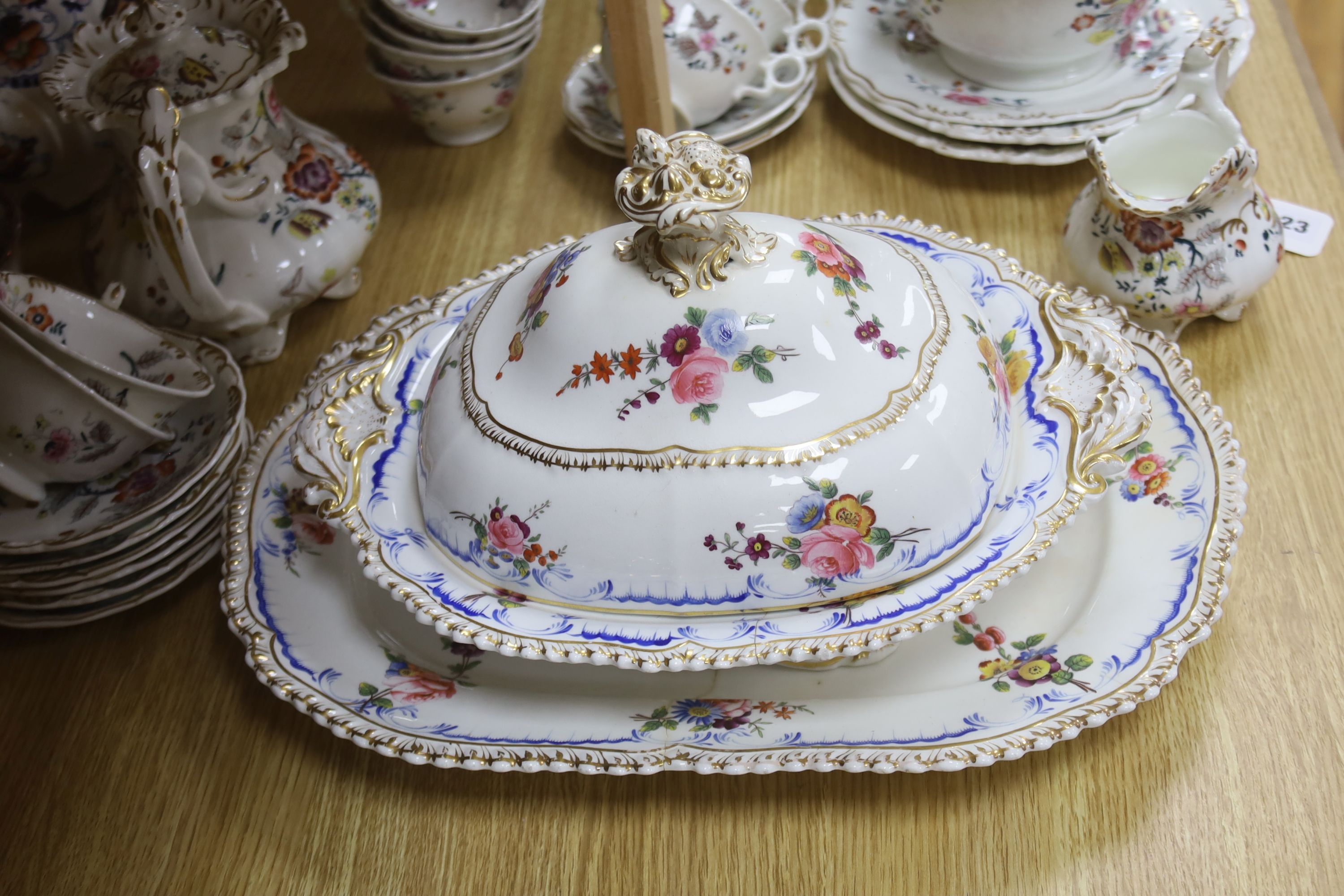 Two Victorian bone china part teasets, a covered tureen and matching meat plate